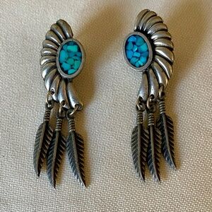 Pewter Turquoise Feather Earrings